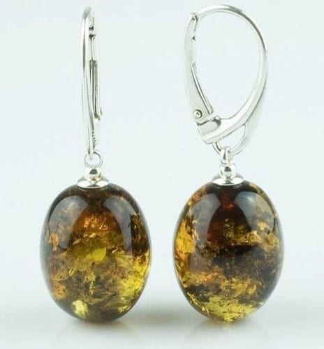 Green Amber Earrings Made of Large Olive Shape Baltic Amber 