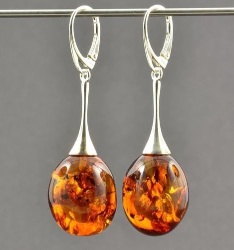 Amber Drop Dangle Earrings Made of Cognac Baltic Amber