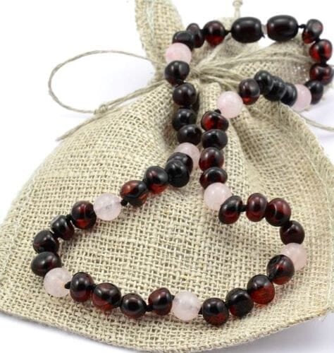 Children's Amber Necklace Made of Baltic Amber and Rose Quartz