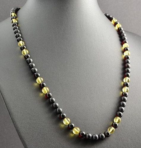 Men's Beaded Necklace Made of Black Dark Cherry Lemon Amber