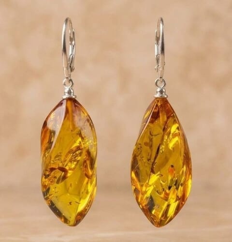 Amber Earrings Made of Cognac Color Amber