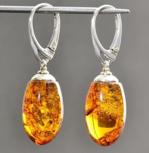 Amber Teardrop Earings Made of Cognac Color Amber