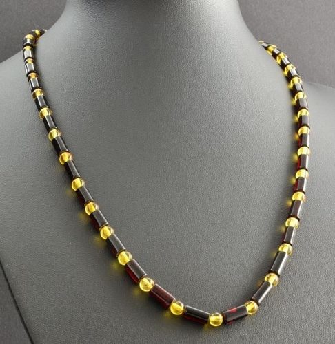 Mens Necklace Made of Cylinders and Round Shape Amber Beads