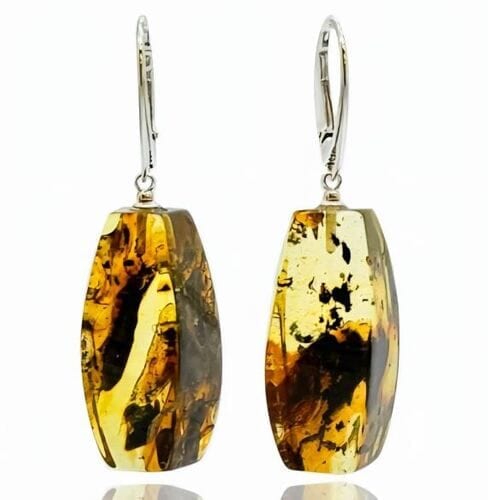Amber Rectangle Earrings Made of Amber With Bits of Flora