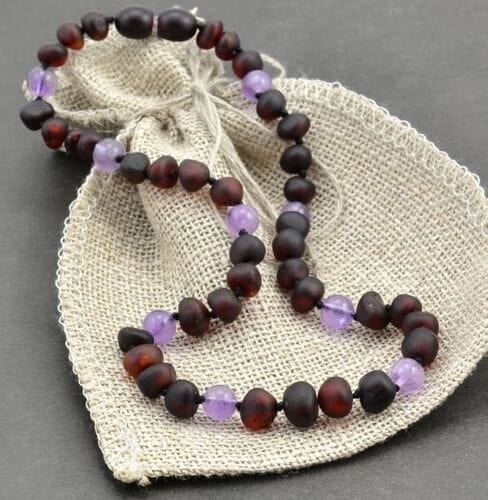 Children's Amber Necklace Made of Raw Baltic Amber and Amethyst