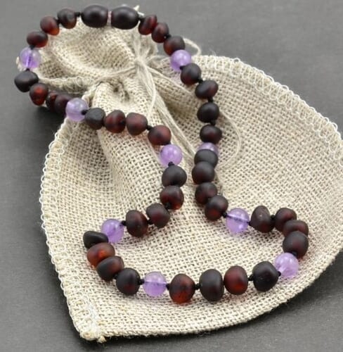 Children's Amber Necklace Made of Raw Baltic Amber and Amethyst