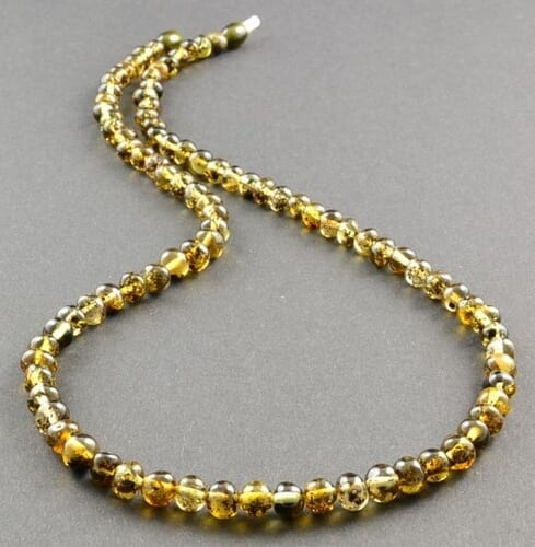 Green Amber Necklace Made of Green Color Amber