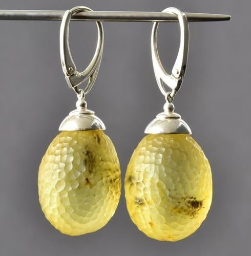 Unique Meteorite Amber Earrings Made of Carved Lemon Amber