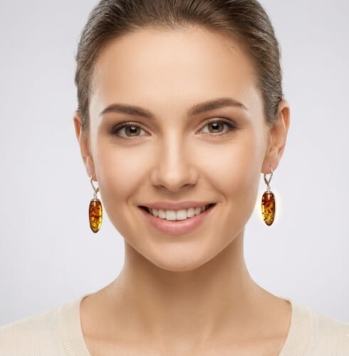 Amber Silver Earrings Made of Colorful Amber