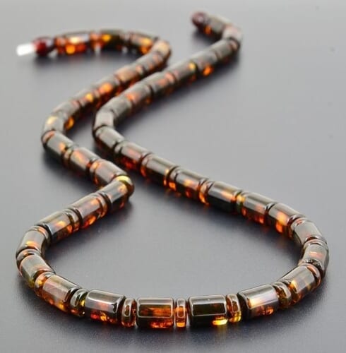 Men's Amber Necklace Made of Cylinders and Disk Shape Amber