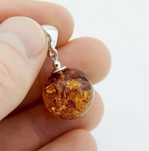 Amber Pendant Made of Cognac Perfectly Round Amber Bead