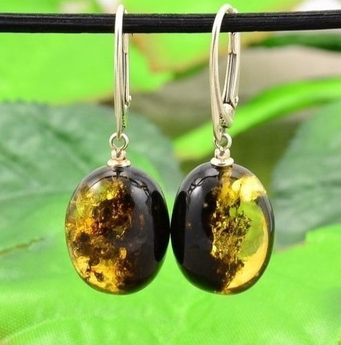 Green Amber Earrings Made of Small Olive Shape Baltic Amber
