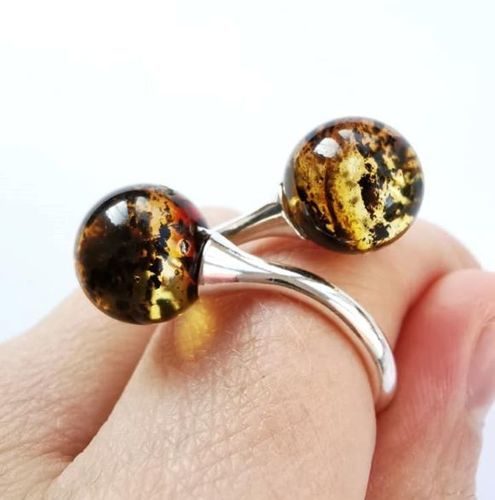 Adjustable Greenish Baltic Amber Silver Ring