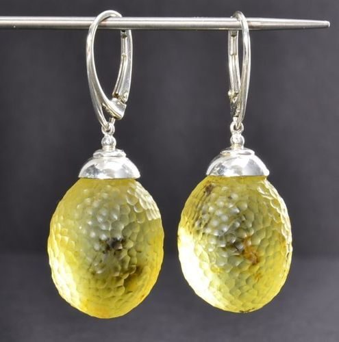 Extraordinaire Meteorite Amber Earrings Carved Lemon Baltic Amber