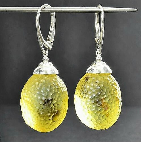Extraordinaire Meteorite Amber Earrings Carved Lemon Amber