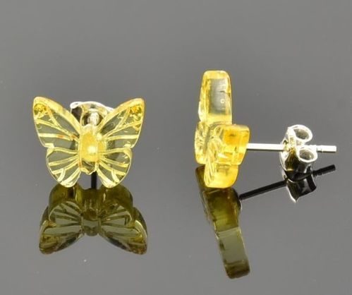 Tiny Carved Amber Butterfly Stud Earrings Made of Clear Lemon Amber