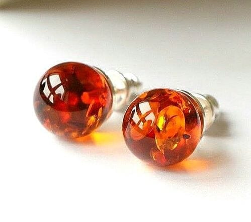 Amber Stud Earrings Made of Cognac Color Amber