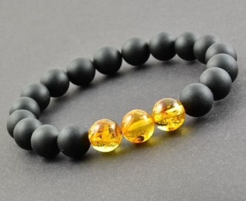 Men's Beaded Bracelet Made of Black and Golden Amber