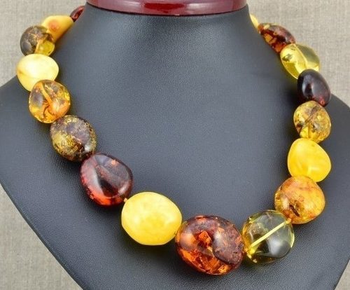 Massive Amber Necklace Made of Large Oval Multicolor Baltic Amber 