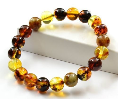 Men's Beaded Bracelet Made of Multicolor Amber With Bits of Flora
