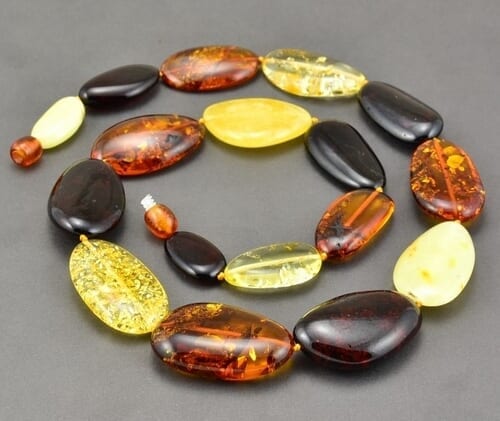 Amber Necklace Made of Flat Free Shape Multicolor Amber