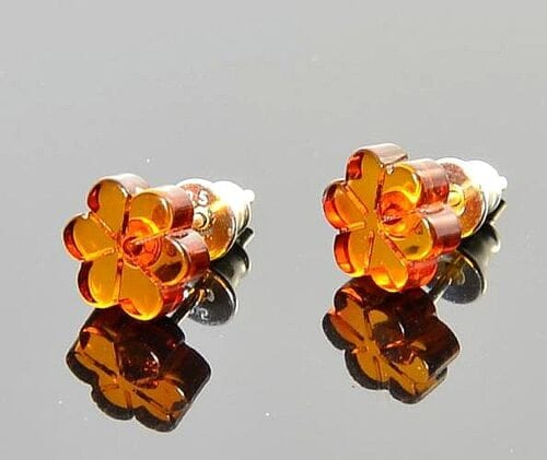 Flower Amber Stud Earrings Made of Cognac Color Amber
