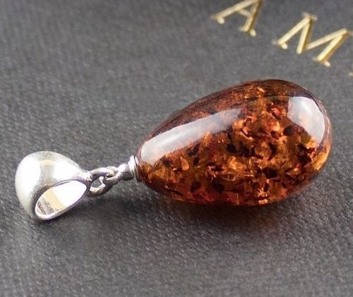 Small Teardrop Amber Pendant Made of Dark Cognac Baltic Amber