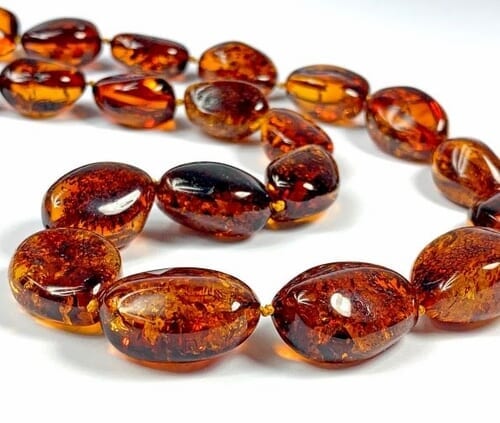 Large Amber Necklace Made of Oval Cognac Color Amber 