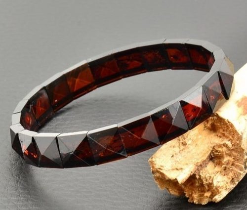 Cherry Amber Bracelet Made of Pyramid Shape Amber Pieces