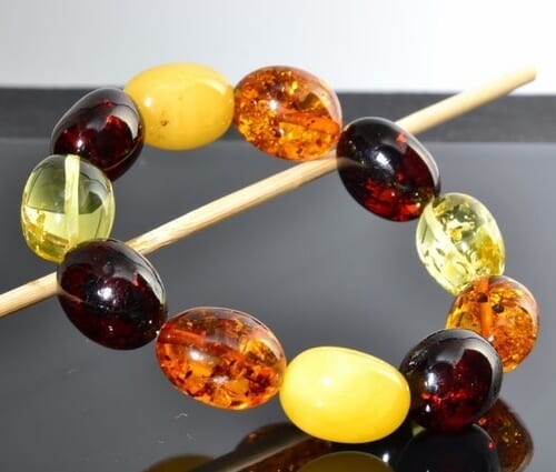 Amber Bracelet Made of Multicolor Oval Shape Amber Beads