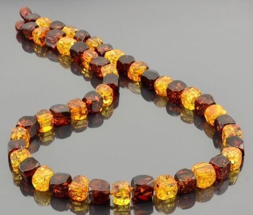 Amber Necklace Made of Cube Cut Cognac and Cherry Amber