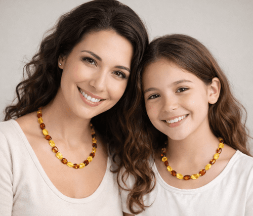 TWO Matching Amber Necklaces for Mom and Child Cognac Golden Amber  