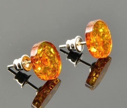 Amber Stud Earrings Made of Cognac Round Baltic Amber
