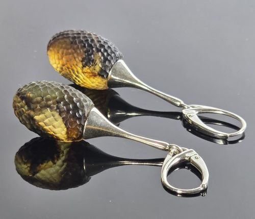 Meteorite Amber Drop Dangle Earrings Carved Cloudy Baltic Amber