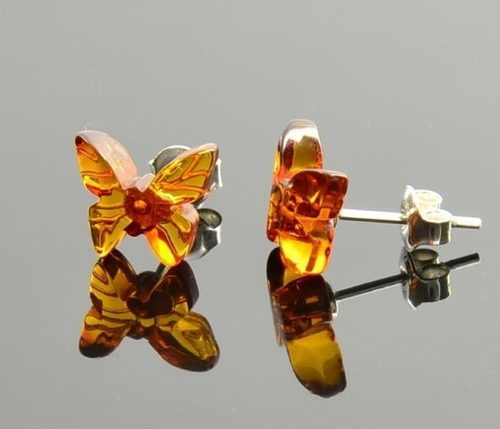 Amber Butterfly Stud Earrings Made of Cognac Baltic Amber