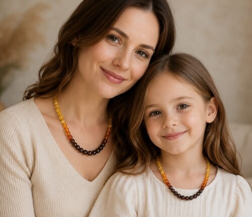 2 Matching Rainbow Amber Necklaces for Mom and Child