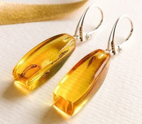 Amber Rectangle Earrings Made of Honey Amber With Bits of Flora