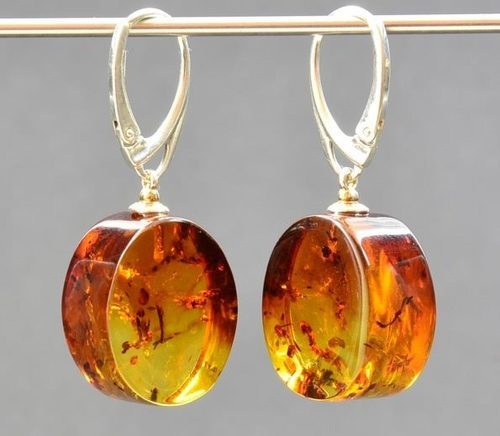 Amber Earrings Made of Oval Multicolor Baltic Amber
