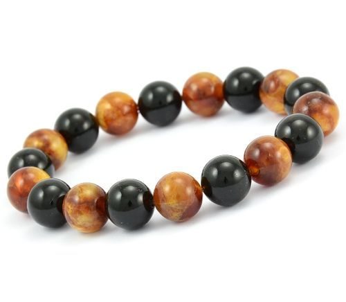 Mens Beaded Bracelet Made of Black and Marble Baltic Amber 