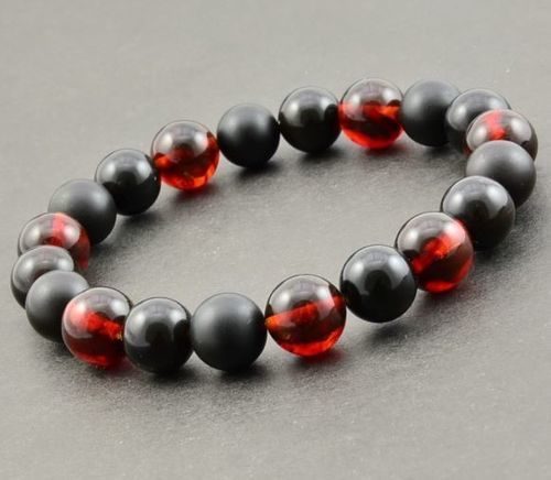 Men's Beaded Bracelet Made of Black and Cherry Baltic Amber