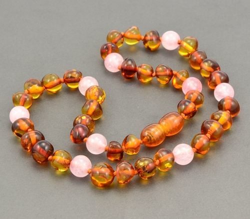 Children's Amber Necklace made of Baltic Amber and Rose Quartz