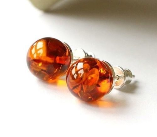 Amber Stud Earrings Made of Cognac Color Amber