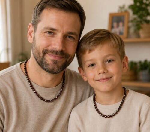 Dad and Son Matching Amber Necklaces Made of Dark Cherry Color Amber