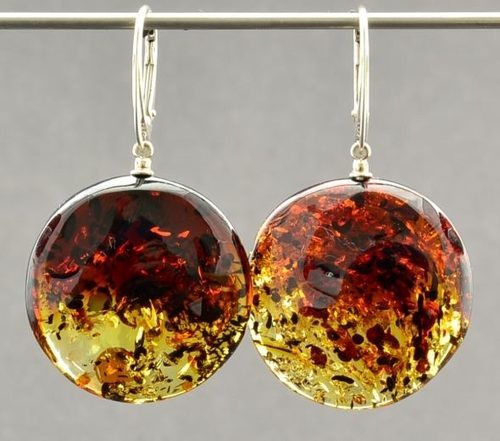 Amber Earrings Made of Flat Round Colorful Baltic Amber 