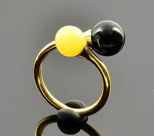 Adjustable Amber Silver Ring Made of Butterscotch and Black Amber
