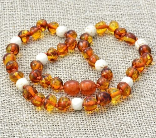 Children's Amber Necklace Made of Baltic Amber and White Turquoise