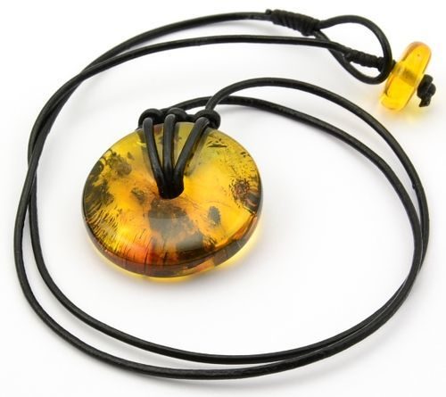Amber Donut Pendant On Black Leather Cord