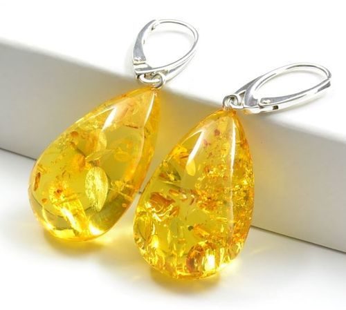 Large Amber Teardrop Earrings Made of Golden Color Baltic Amber