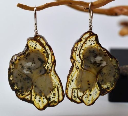 Earrings Cut From A Single Piece Of Natural Shape Amber