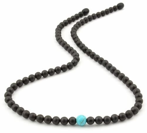 Mens Amber Necklace Made of Blackc Amber and Turquoise